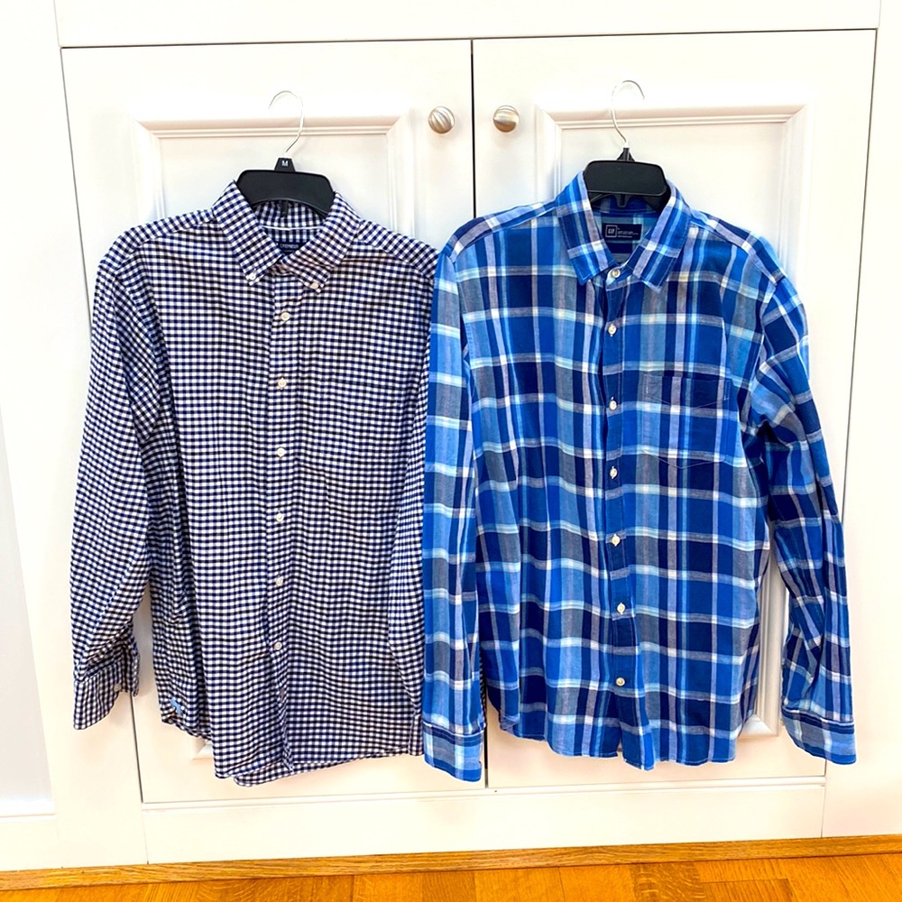 Lot of 2 mens button up shirts size L - blue/white gingham and blue plaid - EUC
